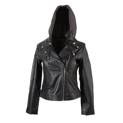 Ladies Black Leather Biker Jacket  with detachable fleece hood