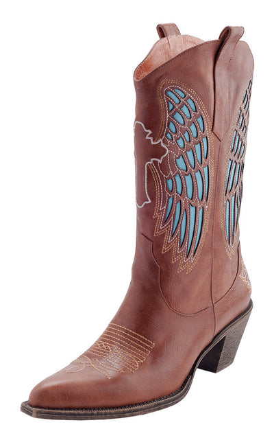 ladies brown leather cowboy boots with blue wing details