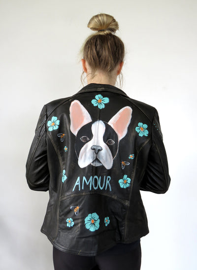 Hand Painted Designs by Artists Distressed Look Leather Jacket Frenchie